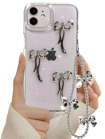 Ownest Compatible with iPhone 12 iPhone 12 Pro Clear Case,Cute Bling 3D Bowknots Glitter Sparkle Aesthetic Design for Women Girls Slim Soft Shockproof Phone Cover for iPhone 12/12 Pro +Chain