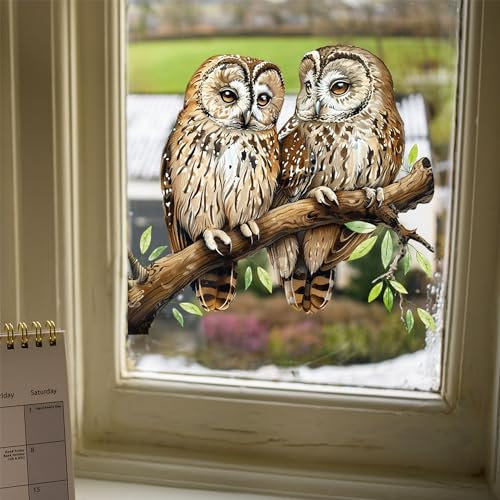 WBQMUNY Fensteraufkleber, Motiv: Eule, statisches Glas, haftet, Fensteraufkleber, Eule auf einem Ast, wiederverwendbar für Zuhause, Schaufensterdekoration (DJ2041)
