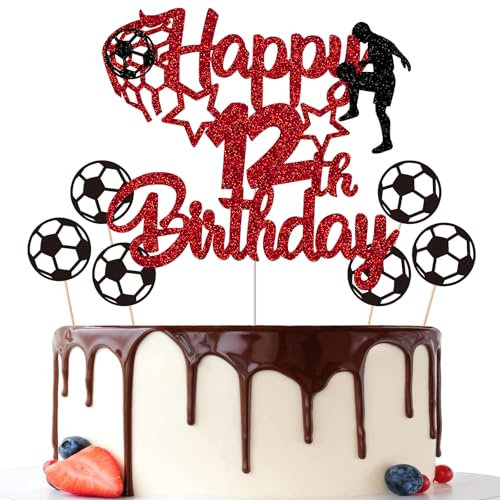Gidobo 12th Birthday Cake Toppers, Red Glittery Cake Decorations with Football Theme, Twelve Years Old Soccer Birthday Party Supplies for Boys
