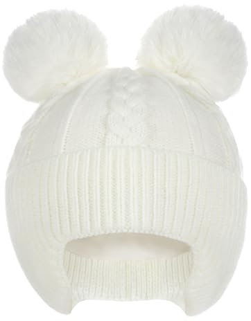 Creekstone Baby Beanie Hüte Kleinkind Bommelmütze, Warm, Weiche, mit Fleece Gefüttert, Kinder-Wintermütze für Baby, Mädchen, Jungen (DE/NL/SE/PL, Alter, 6 Monate, 24 Monate, Weiß)