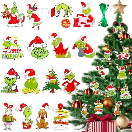 Dekewe 32PCS Grinch Tree Decorations, Christmas Tree Decorations, Grinch Pendants for Hanging on Christmas Tree, Winter Holiday Party Supplies