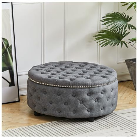 INMOZATA Chesterfield Window Seat Bench - Round Coffee Table Footstool in Linen Fabric (Dark Grey)