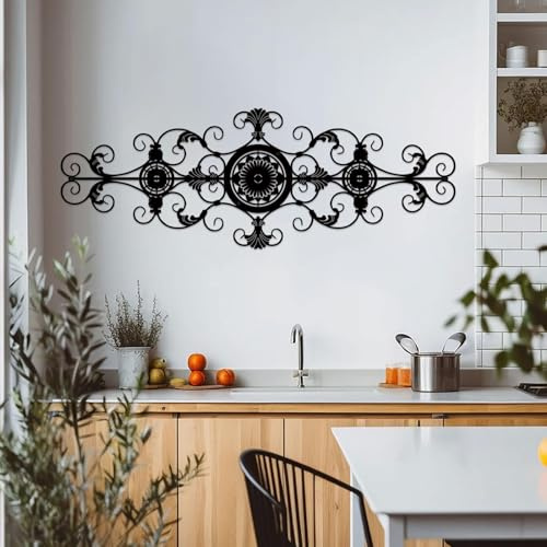 ruelen Black Flower Scroll Metal Wall Decor, Hanging Flower Scroll Metal Wall Art Decor Rustic Iron Wall Medallion Wall Art for Living Room, Bedroom, Above Doorway, Hallway, Vintage Home Decoration