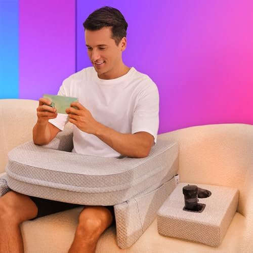 KokoSelene Extra Large Reading Pillow with Arm Rest for Gaming, Working, Reading, Fits Body, with Pocket & Cup Holder, Memory Foam, Durable, Suitable for Bed, Sofa, Floor