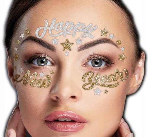 FIESTAS GUIRCA | Selbstklebende Gesichtsschmuck Happy New Year - Make-up und Party Zubehör - Ideal für Weihnachten, Neujahr, Karneval und Kostümpartys - Für Kinder und Erwachsene - Gold und Silber