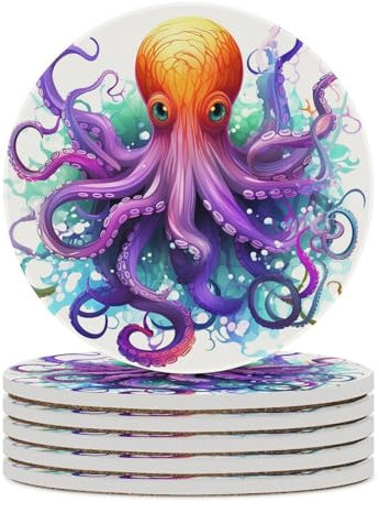 Keramik-Untersetzer, 6er-Set, Tischschutzmatte, Tisch-, Kaffeetassen-, Getränkeuntersetzer, saugfähig, rund, Keramik-Stein-Untersetzer mit Korkboden, bunte Tintenfisch-bedruckte Untersetzer für