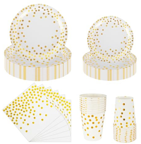 CEILIWEN 100PCS White and Gold Party Tableware Set, White and Gold Polka Dot Party Tableware Includes Plates, Napkins, Cups, White and Gold Party Decorations for Party, Serve for 25 Guests