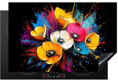KitchenYeah© Induction Hob Protector Mat 20.5x31.5 / 80.2x52.2 cm Stove Cap Top Cover Kitchen Cooker Covers for Electric Hobs Vinyl Flowers - Colourful - Graffiti - Modern - Bouquet