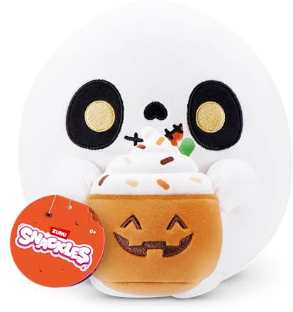 Snackles Halloween Serie 1, 20 cm großes Plüschspielzeug (Raven) von ZURU, Plüschspielzeug mit Snack-Accessoire, Ghost with Pumpkin Drink