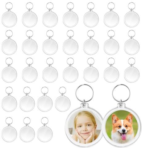 RAFIYU 30 Pièce Porte Clé Photo, Porte Clef Photo en Acrylique, Porte Clef Personnalisable Rond, Porte Clé Personnalisé Transparent, Cadre Photo Vierge pour Famille Couples DIY Souvenir Cadeaux