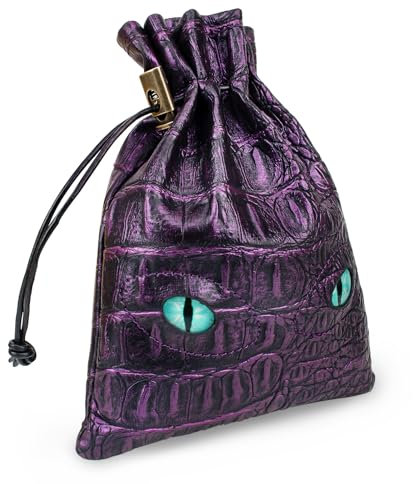 Byhoo Sac à dés pour 6 jeux de dés, grands yeux de dragon, sac de rangement en cuir violet pour DND, jeux de société, pièces de monnaie, jeux RPG fantastiques, accessoires de jeu, sac à cordon,