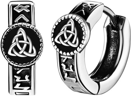 JewelryWe Wikinger Creolen Ohrringe Herren: Edelstahl Nordische Runen Irische Keltische Knoten Triquetra Creolen Huggie Hoop Ohrringe Viking Amulett Schmuck Geschenk für Männer Frauen Silber