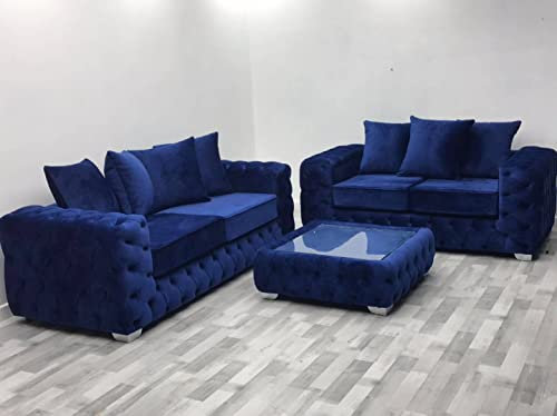 Luxuriöses, modernes Chesterfield-Sofa-Set aus blauem Plüschsamt für Wohnzimmer, Ashley, gepolstert, 3 + 2-Sitzer, Ecksofas und Couches