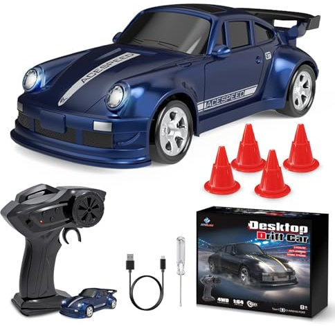 BuzzoXerex RC Drift Car, 1:64 Mini Drift Auto Ferngesteuert, 4WD Tabletop Drift RC Car, Ferngesteuertes Auto mit LED-Leuchten, 15km/h, Spielzeugauto für Kinder ab 6 Jahren (Dunkelblau)