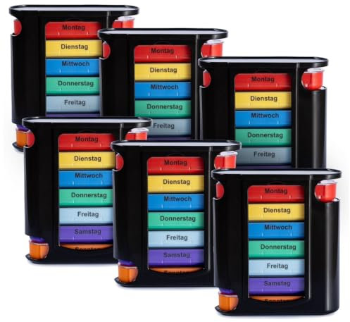 Laro Tablettenbox Farbauswahl 7 Tage mit 4 Fächern pro Tag - Wahlweise 3/6/12/24/48/96 Stück Seniorenfreundlich, Anzahl:6, Farbe:Schwarz