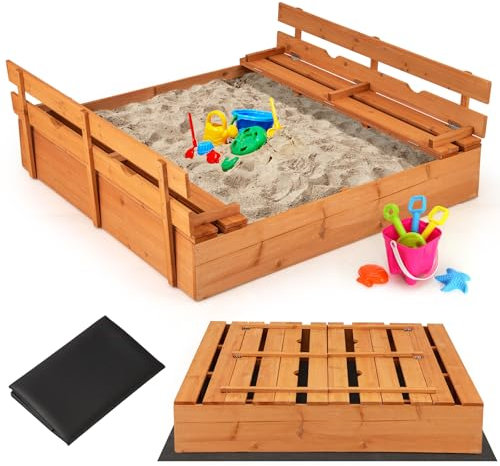 DREAMADE Bac à Sable en Bois pour Enfants 18+ Mois, avec 2 Bancs Convertibles, Fond Ouvert avec Doublure, Bac à Sable Extérieur pour Jardin, Terrasse