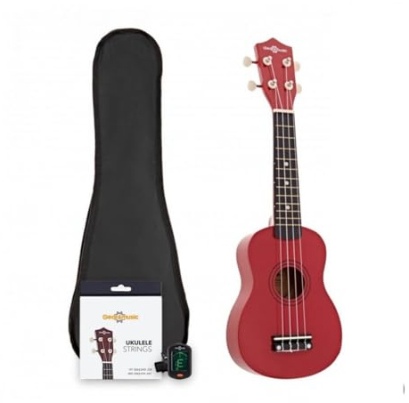 Rotes Sopran-Ukulele-Starterset von Gear4music mit Stimmgerät | Klassischer Sopran-Ukulele-Klang, Langlebiger Lindenholzkorpus, Ebonisierter Ahornhals, Kompakt für Reisen, Tasche