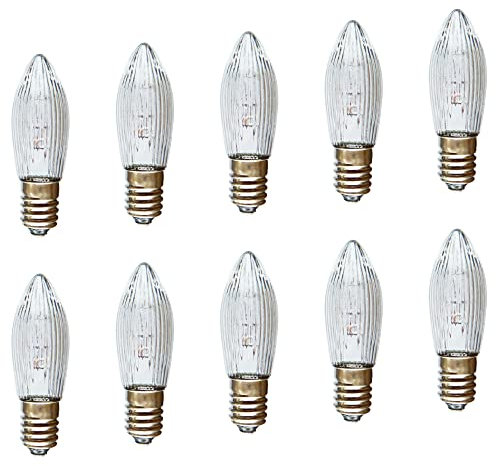 AUSWAHL 8V - 55V - netSells - 10er Set - 16V 3W Topkerze Riffelkerze Spitzschaftkerze - für Schwibbogen u. Lichterketten - für INNEN - für 14-15 Brennstellen - klar
