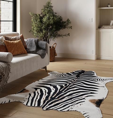 NativeSkins Zebra-Imitat, groß, 1,4 x 2 m, Zebramuster, Western-Schlafzimmer-Dekor, handgeschnitten, Wildlederimitat, rutschfeste Unterseite, Westernteppich, Tierdruck, Zebrafell