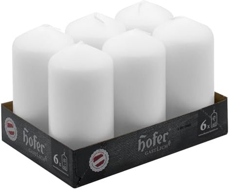 Hofer Unscented Pillar Candles - White - 60 x 120 mm - Set of 6 Decorative Candles - 39 Hours Long Burning Time - Dripless - Smokeless - RAL Quality - Made in Austria