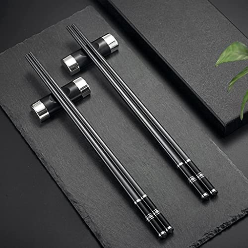 2 pares de palillos japoneses plateados y negros + 2 palillos para chopsticks sushi palillos de acero inoxidable con soporte set de regalo palillos chinos cubiertos asiáticos con caja de regalo