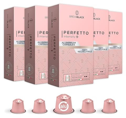 New BrewBlack Perfetto Lot de 50 capsules de café 100% Arabica Nespresso Compatible avec les dosettes d'origine Fabriqué en Italie Notes de saveur: cacao, agrumes, crème et caramel Intensité 9/12