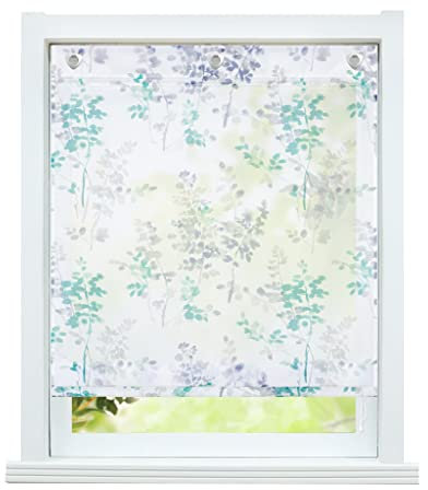 ESLIR Raffrollo ohne Bohren Raffgardine mit Ösen Gardinen Küche Voile mit U-Haken Ösenrollo Transparent Modern Blätter Muster Grün BxH 80x140cm 1 Stück