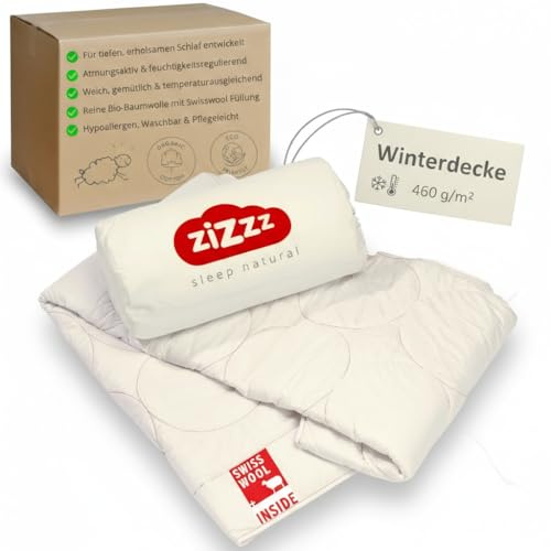 Winter Bettdecke extra warm Bio Baumwolle in Premium Qualität - 460g/m2 Swisswool Füllung (155x220 cm)