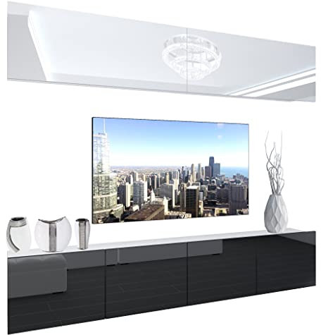 BELINI Wohnwand Vollausstattung Wohnzimmer-Set Moderne Schrankwand mit LED-Beleuchtung Anbauwand TV-Schrank Weiß/Schwarz