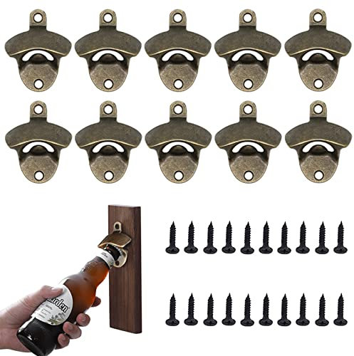 ACHANFLY 10 Pièces Decapsuleur Mural Biere Ouvre Bouteille Mural Vintage avec Vis Décapsuleur Biere Mural Aimanté Montage Mural Décapsuleur pour Bar Maison Cuisine Jardin Café (Bronze)
