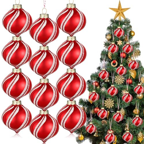 Woanger 24 Stück Weihnachts-Pfefferminz-Ornamente zum Aufhängen, 4,5 cm, Zuckerstangen-Ornamente, Pfefferminz-Kugeln, rot und weiß gestreifte Dekorationen für Weihnachtsbaum, Geschenk, drinnen und