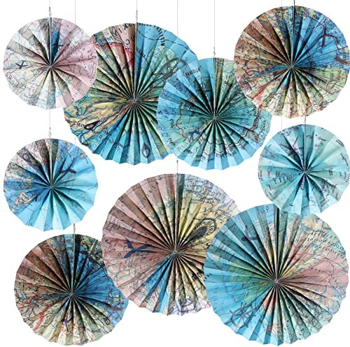 Outus 9 Pcs Travel The Map Hanging Paper Fans Decorations Adventure Awaits Bulletin Board Classroom Decorations Map Themed Ceiling Wall Garland for Kids Classroom Homeschool Office Decor (Travel)