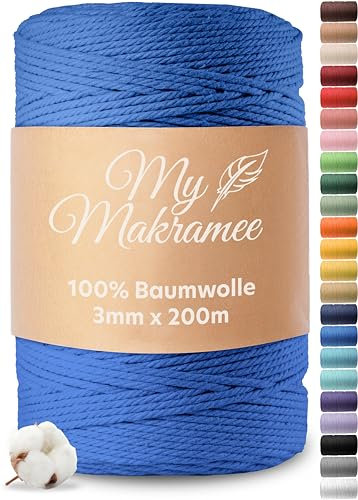 My Makramee® - Makramee Garn 3mm x 200m - Blau - 100% Baumwolle - Premium Baumwollgarn mit natürlicher Optik - plastikfreie Verpackung