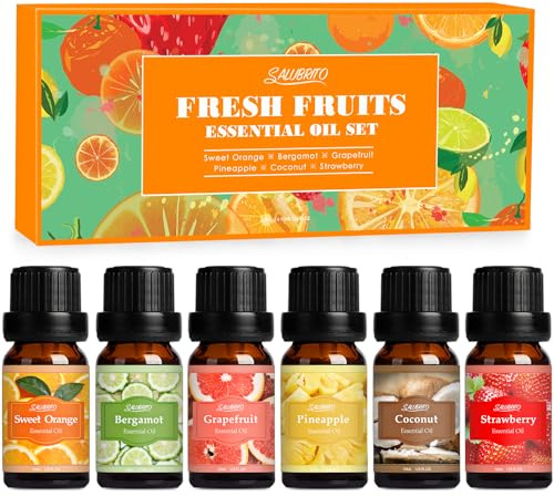 SALUBRITO Essential Oils Set, Fruit Fragrance Oils for Diffuser, Aromatherapy Oil for Candle Soap Making, Sweet Orange, Coconut, Pineapple, Strawberry, Bergamot, Bergamot