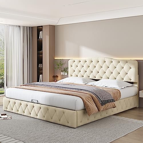 Azkoeesy letto imbottito matrimoniale 180 x 200 cm, con contenitore Box Letto, con telaio metallico, rivestimento in velluto (beige)