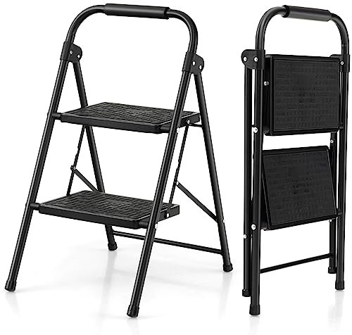 COSTWAY 2/3 Step Ladder, Folding Anti Slip Tread Stepladder with Wide Platform, Safe Lock and Hand Grip, 265kg Capacity Portable Safety Household Ladder Stool (2 Step)