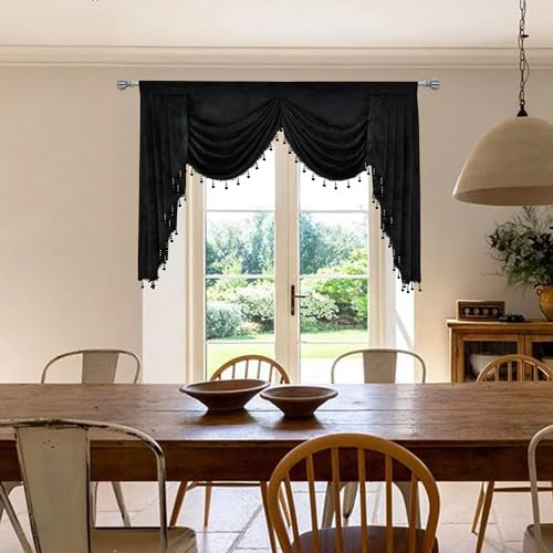 Jade Poke Samt-Wasserfall-Volants für Wohnzimmer – Stangentasche, Schwarze Swag Volants für Fenster, Verdunkelungsquasten, Volant für Schlafzimmer, Mädchenzimmer (1 Paneel, 150 cm B x 121,9 cm L)