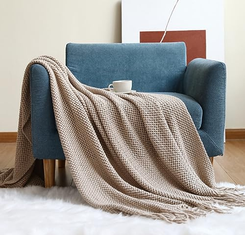 Gestrickte Decke 4 Jahreszeiten Bettdecke 130x240cm Beige Sofadecke Boho Decke Strick Decke Wohn-Kuscheldecke für Baby Couch Bett Sofa Stuhl Auto Büro
