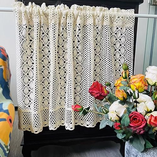 Küchenvorhang Landhausstil Häkeln Stricken Geometrie Boho Scheibengardine Kurzstore Gardine Baumwolle Häkelgardine mit Stangentaschen (Color : Beige, Size : 100x45cm/39x18in)
