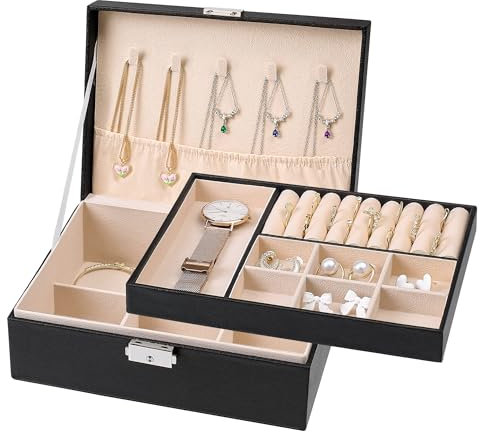 CHARMDI Jewellery Box Organiser, 2-Layer Women Girls Jewellery Boxes Lockable, Travel Jewelry Storage Case Box for Girls, PU Leather, for Necklaces Earrings Rings Watches - Black