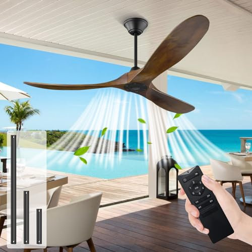 XSGDMN 178cm Gran ventilador de techo de madera sin luz, Alto CFM con 3 hojas de madera, Motor silencioso CC reversible, Timable 1/2/4/8h, adecuado para interiores/exteriores (178cm, Marrón)