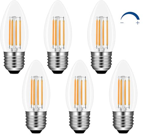 Akynite C35 E27 LED Candle Bulbs Dimmable Warm White 2700K, 400LM, 4W LED Filament Bulb Equivalent E27 40W, AC 220V, C35 ES Edison Screw LED Candle Light Bulb Clear for Chandelier Table Lamp, 6pcs