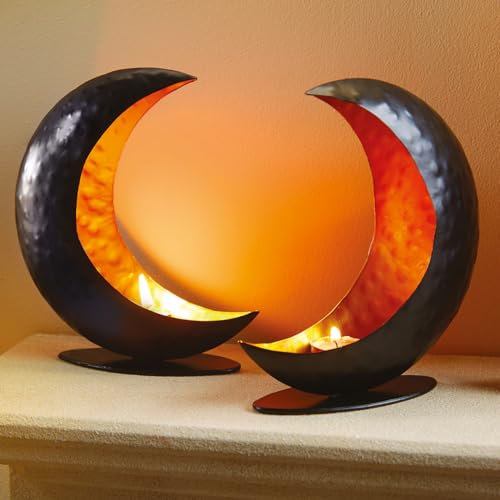 2 x Black Crescent Candle Holders – Indoor or Outdoor Home Garden Moon Shaped Iron Metal Candleholders Votive Tea Light Holder Decoration with Golden Inner – Each Measure H17.5 x W20 x D6cm