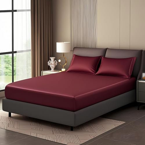 Luowei Satin Spannbettlaken Boxspringbett 160x200cm Sommer Bettlaken Weinrot Seidig Seide Kühlend Microfaser Spannbetttuch 160x200 Weich Maschinenwaschbar für Hohe Matratze bis 25-30 cm