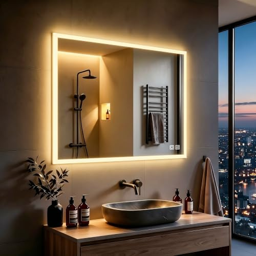 MIQU LED Badspiegel mit Beleuchtung 80x60 cm Badezimmerspiegel, Bad Groß Spiegel mit Touch Dimmbar Warm/Weiß Licht Beschlagfrei Wandspiegel für Badezimmer, WC, Flur Ecken Rechteck B