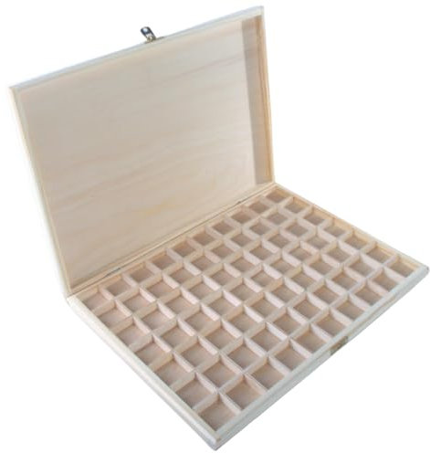 WooDeeDoo Wooden Storage Box with 70 Compartments & Clasp – Slim Pine Organiser Tray for Jewellery Beads Crystals Sewing Tools Mini Crafts – Customisable Unfinished Wood – 37 x 26.5 x 3 cm