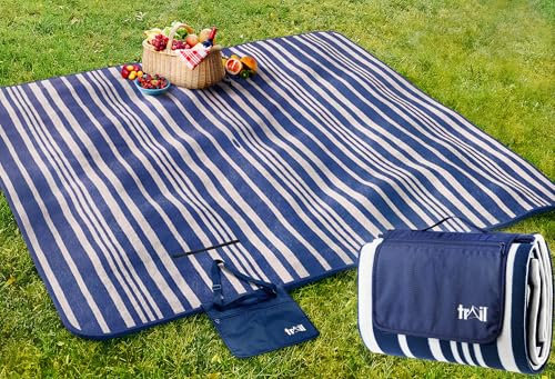 Trail Large Picnic Blanket, Soft Fleece Rug, Waterproof Backing, Foam Insulation, Fleecy Top, Parasol Slit, Peg Points, Cover with Strap, Portable Camping Garden Beach Mat (Navy Blue / 2m x 2m)