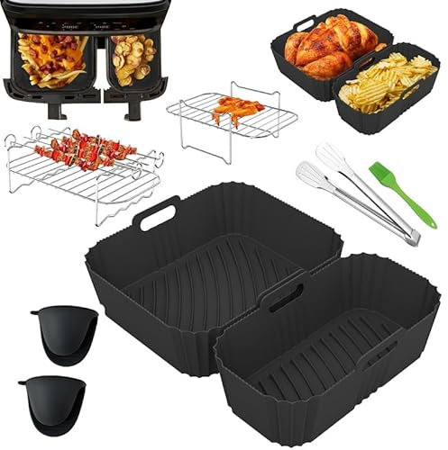 Urijk Dual Air Fryer Accessoires pour Moulinex EY9018 5,2/3,1 L,Cecotec Cecofry Duosize 9L 5,5/3,5L, Deux Tailles Dual Tiroirs,8PCS moule silicone air fryer Accessoires,avec Grill,Gants,Brosses,Pinces