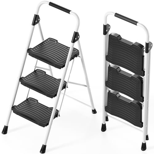 Kingrack Escabeau 3 marches Pliable capacité 400 kg, Echelle Grande pédale antidérapante accoudoir, Échelle Domestique, Bureau, Jardin, Blanc