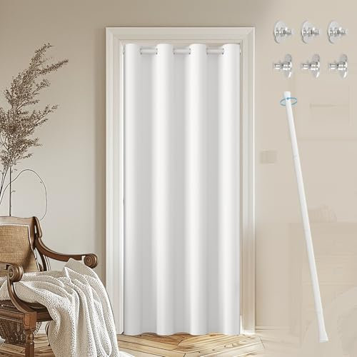 JCyh Türvorhang Kälteschutz mit Stange - einfache Montage in nur 1 Minute ohne Bohren, Vorhang mit Ösen für Raumteiler, Balkontür, Küchentür und Schrank,Türvorhang Weiß H210 x B132